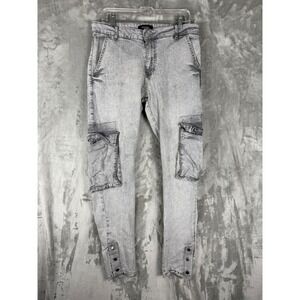Denim House Mens Grey Acid Wash Cargo Jeans W32 L32 Button Cuff